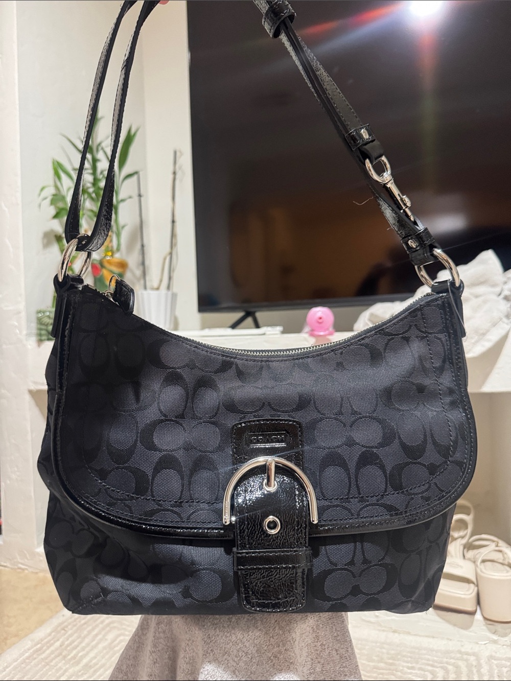 Coach Black Signature Canvas Shoulder Hobo with Buckle Accent